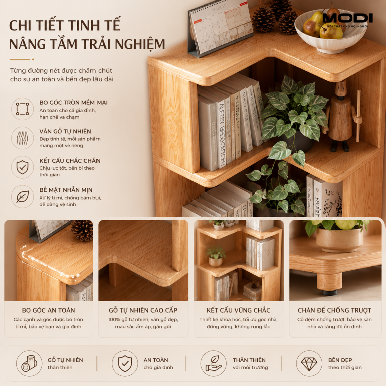 Kệ sách góc 90 vân độ gỗ tự nhiên