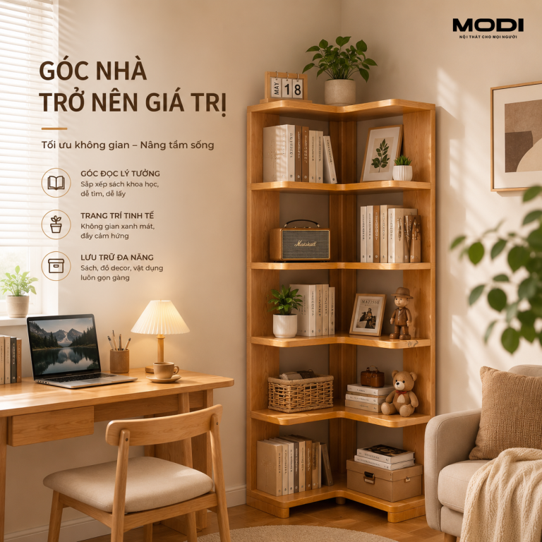 Kệ sách góc 90 vân độ gỗ tự nhiên
