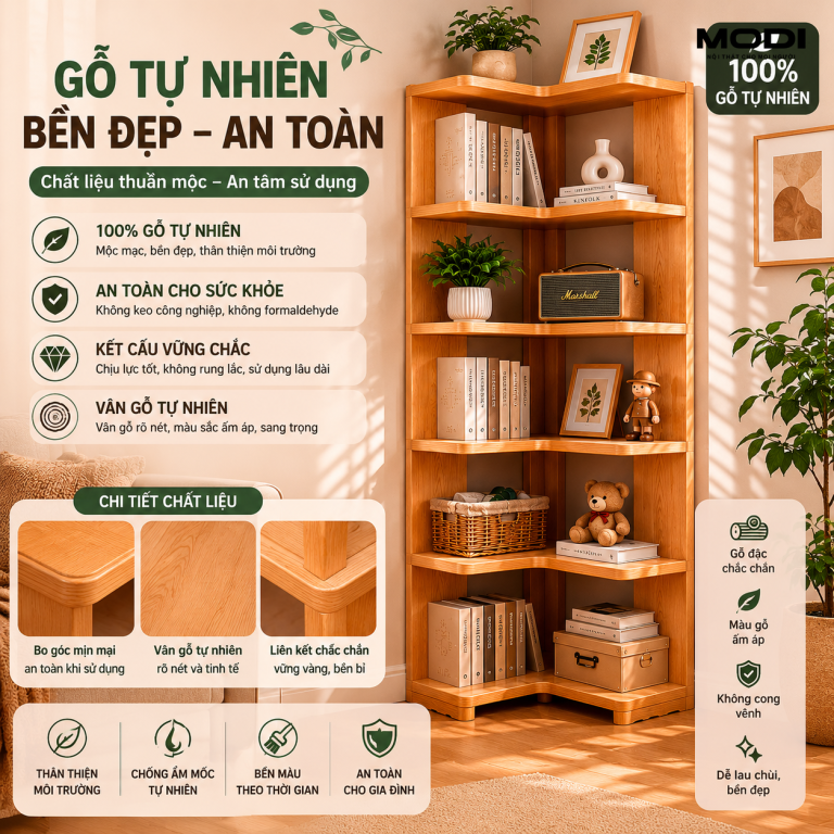 Kệ sách góc 90 vân độ gỗ tự nhiên