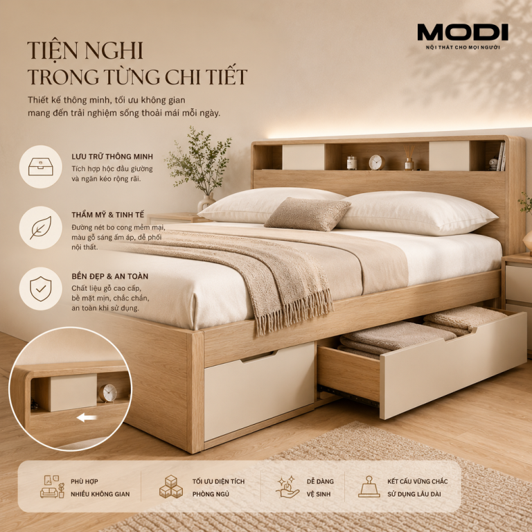 Giường ngủ Spencer gỗ sáng tích hợp lưu trữ