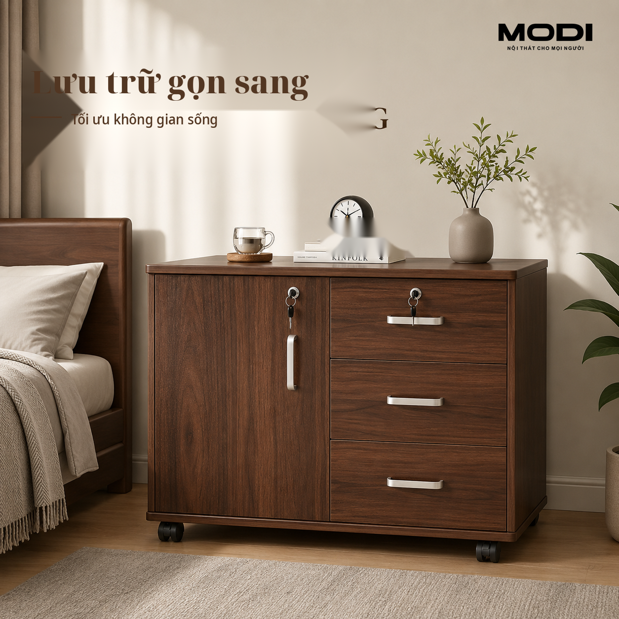 Tủ đầu giường gỗ nâu MODI