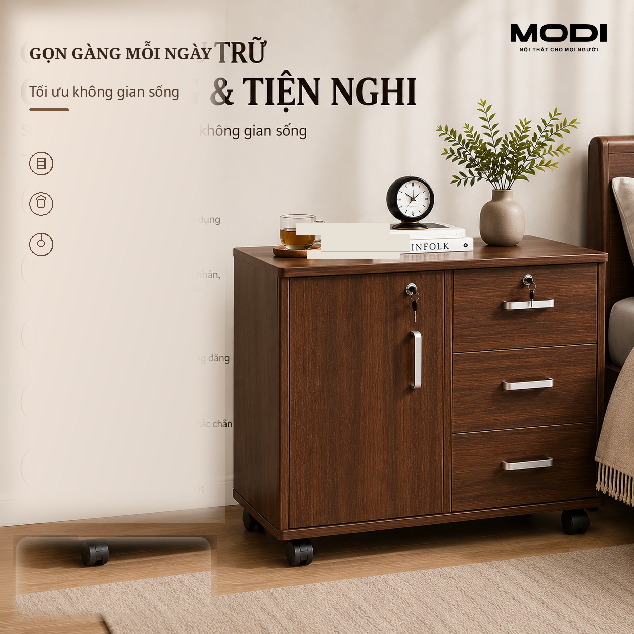 Tủ đầu giường gỗ nâu MODI