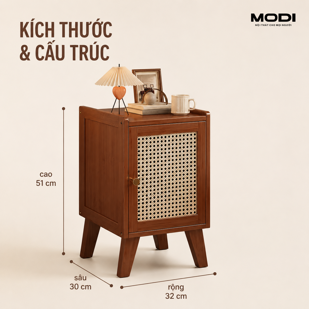 Tủ đầu giường mây gỗ ấm