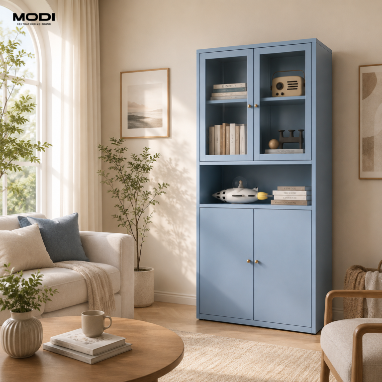 Tủ Sách Thép Xanh Pastel Cửa Kính