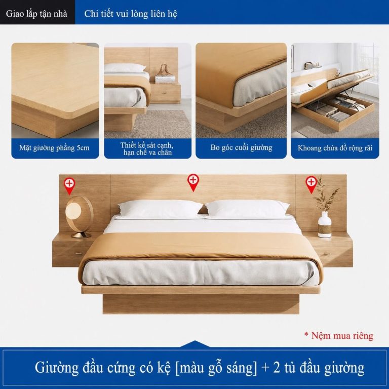 Giường ngủ bệt Tatami kèm 2 tab đầu giường Đầu Giường Solomon