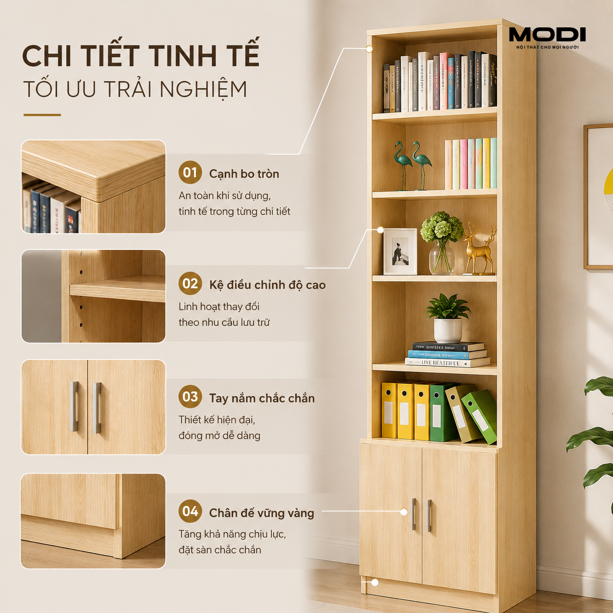 Kệ sách gỗ sáng có tủ MODI